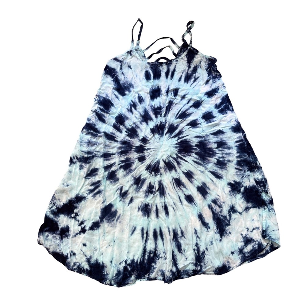 Daisy Island Tie Dye Dress Womens Blue Boho Strappy Back Mini SIZE M